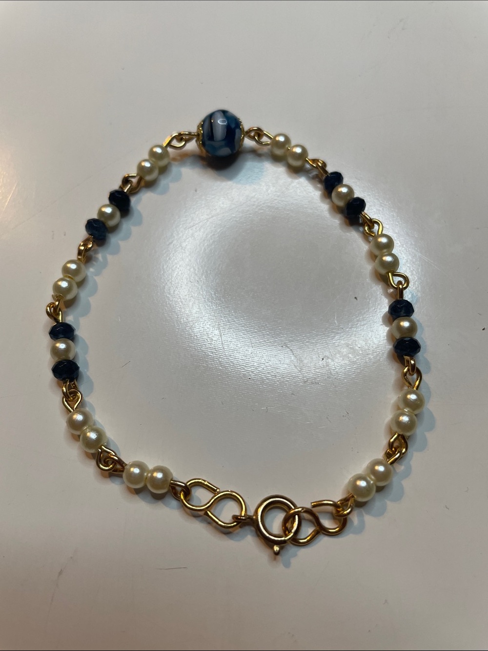 Gold Toned Links with Faux Pearl and Navy Beaded Bracelet
